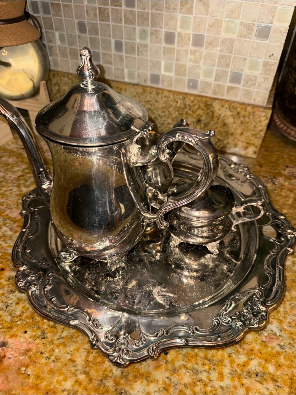 Vintage Gorham EP Brass Silverplate Tea Coffee Service Set + Unbranded Tray